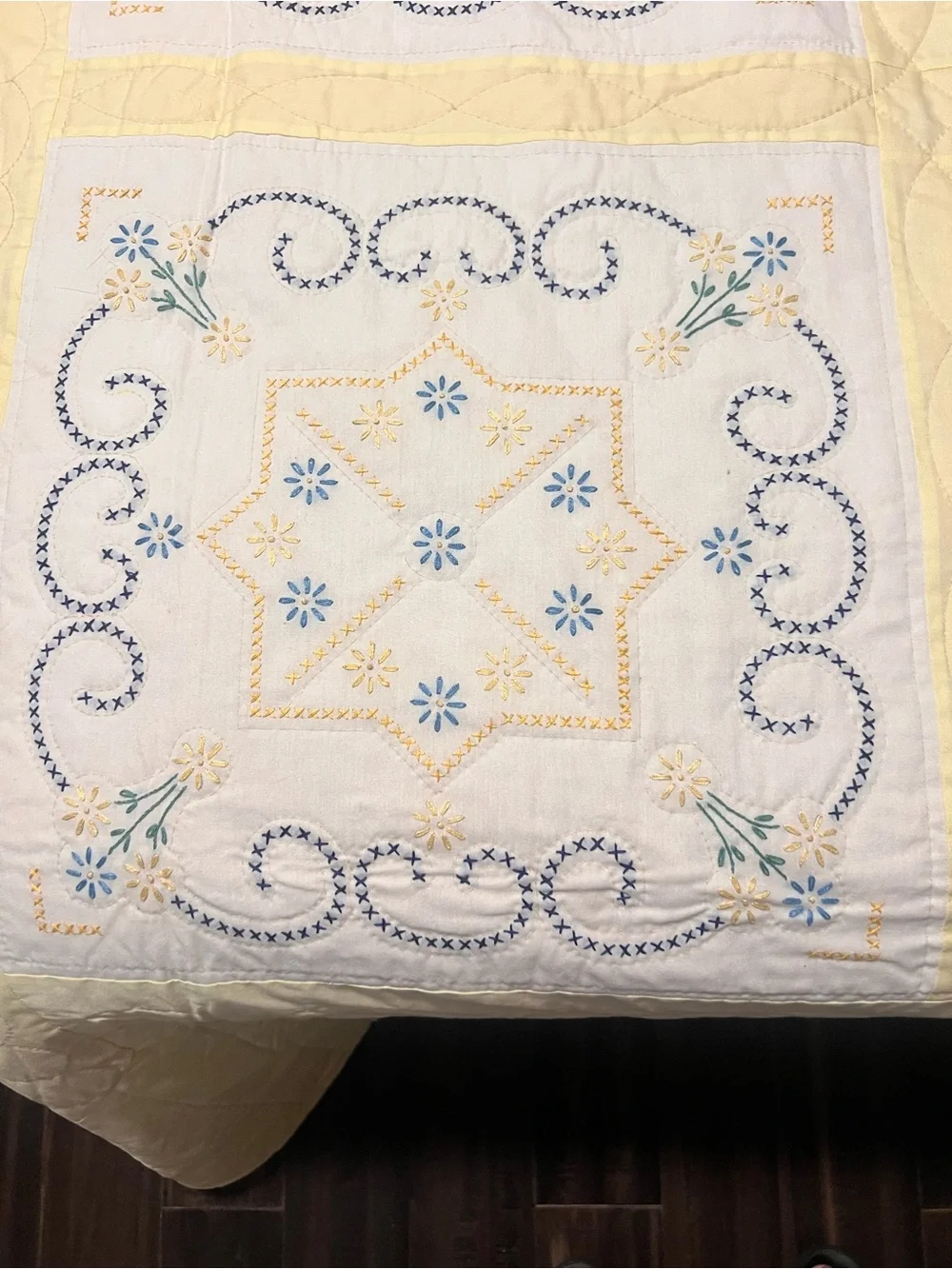 Hand-Embroidered Yellow and White Patchwork Quilt